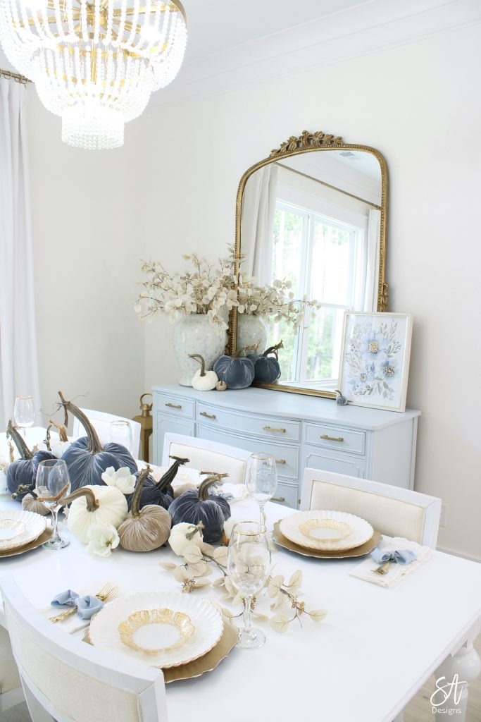 Blue Velvet Pumpkin Fall Table and Dining Room Reveal