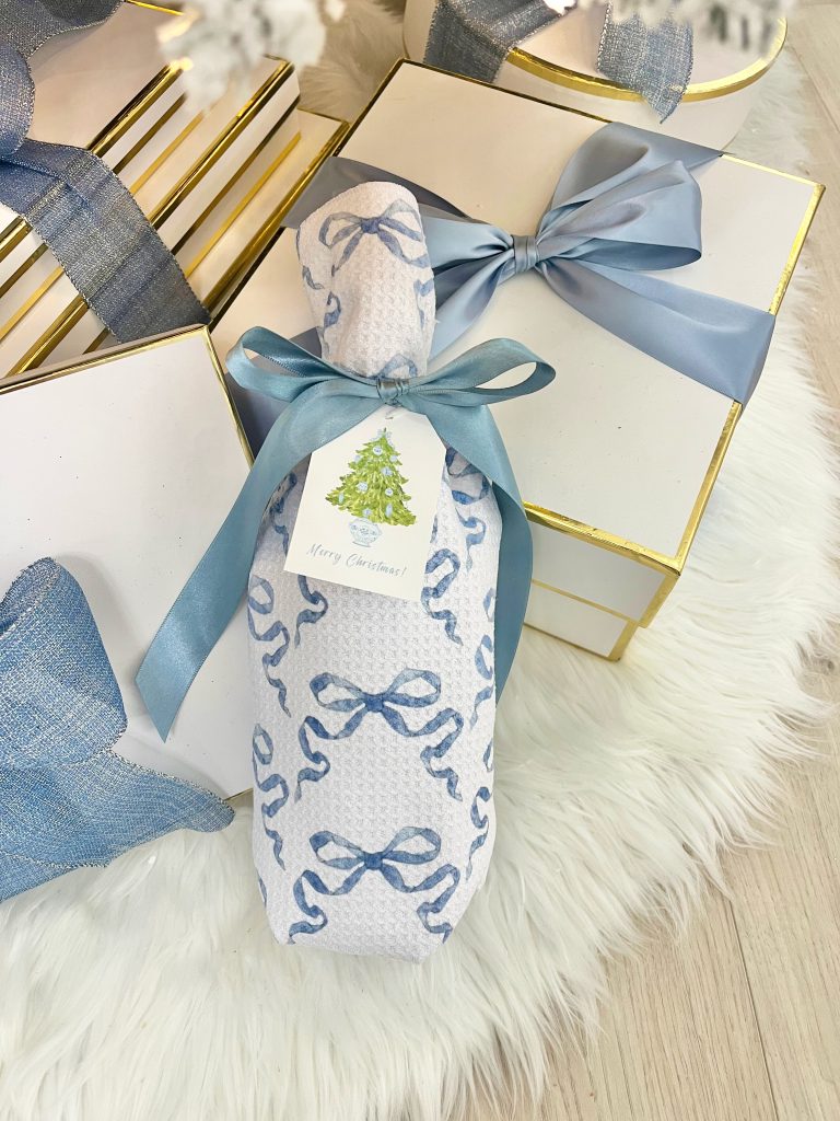 Free Blue Chinoiserie Christmas Gift Tag Download, dish towel wrapped bubbly hostess gift idea, grand millennial style gift decor, coquette style, blue satin ribbon bow, blue christmas